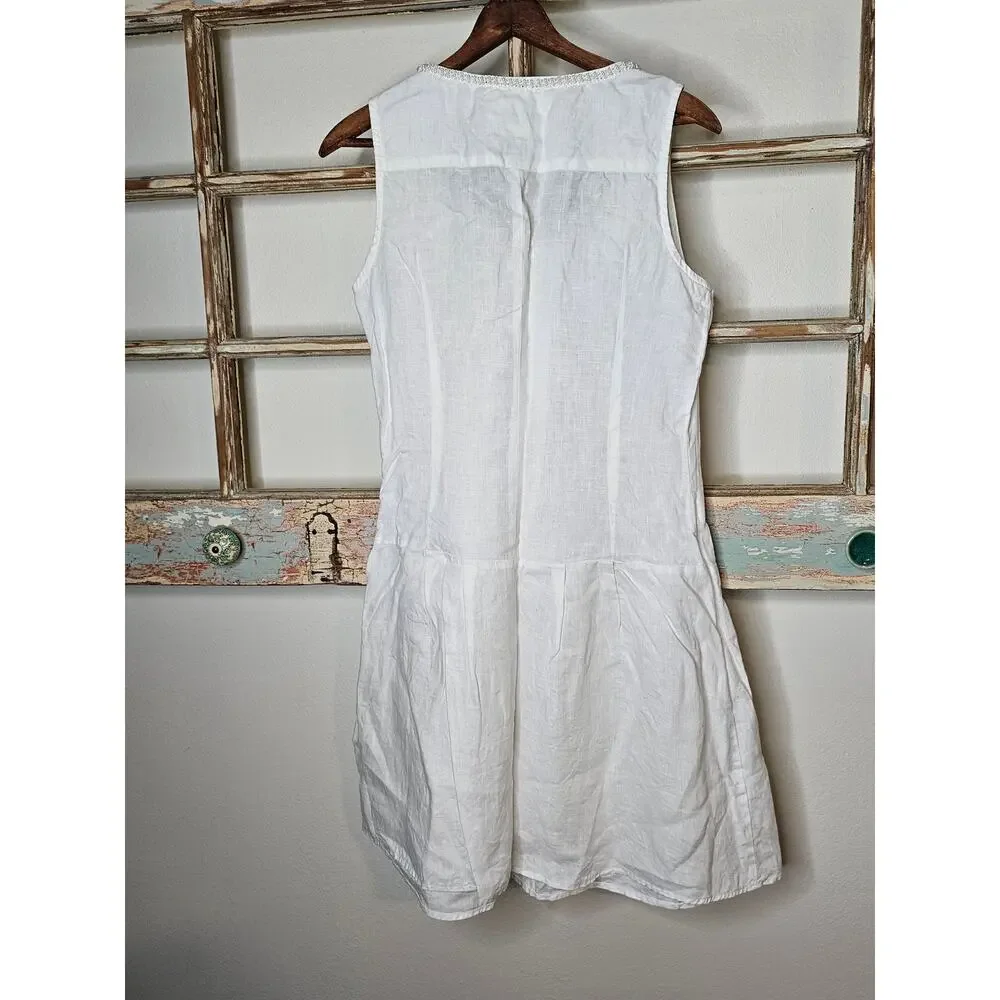 Linen Dress White Drop Waist Pearl Accents by Malvin Germany Ladies size Small - Picture 8 of 11
